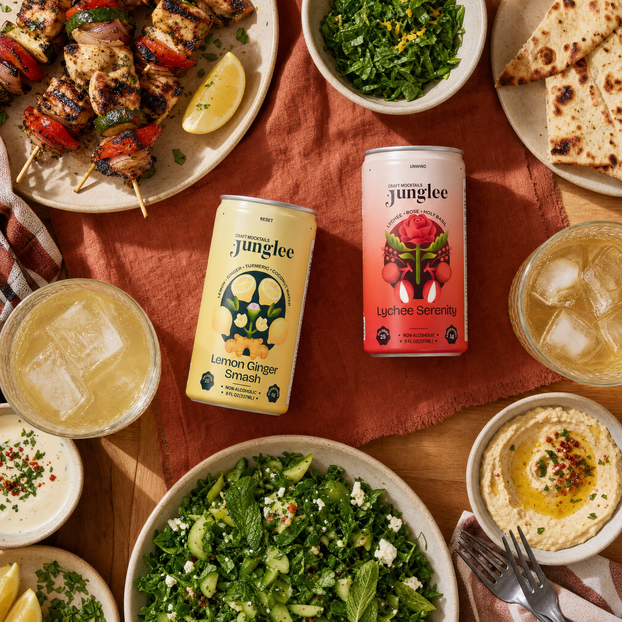 Overhead table spread with Lemon Ginger Smash and Lychee Serenity