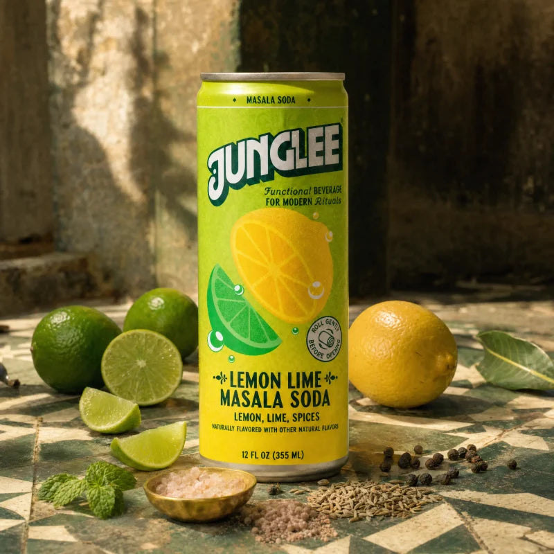Lemon Lime Masala Soda 12 oz can with lemon, lime & spices on sunlit green tiles