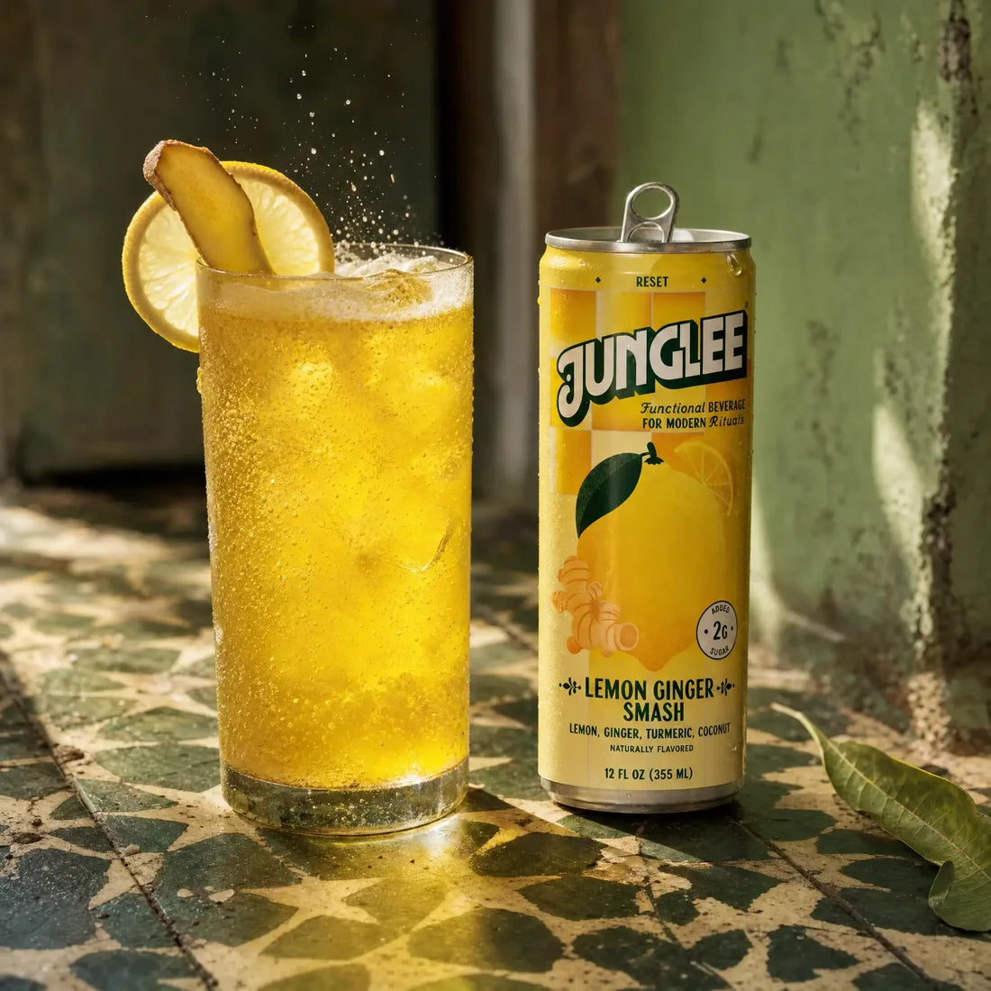Lemon Ginger Smash with a freshly poured glass on green tiles
