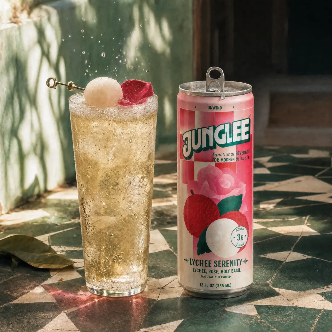 Lychee Serenity with a soft golden-brown drink on green tiles