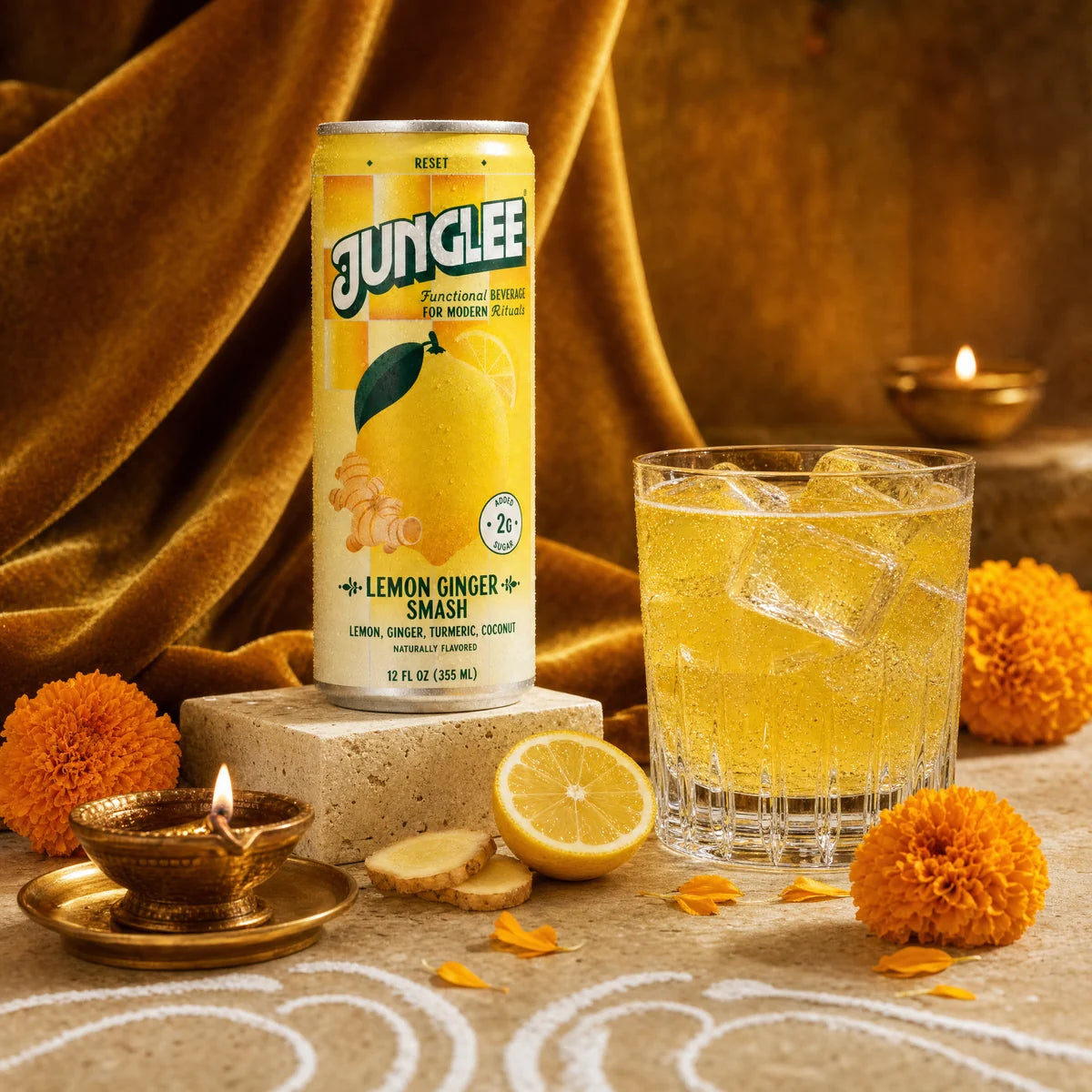 Lemon Ginger Smash with a golden-yellow drink, saffron velvet, marigolds and Diwali diyas