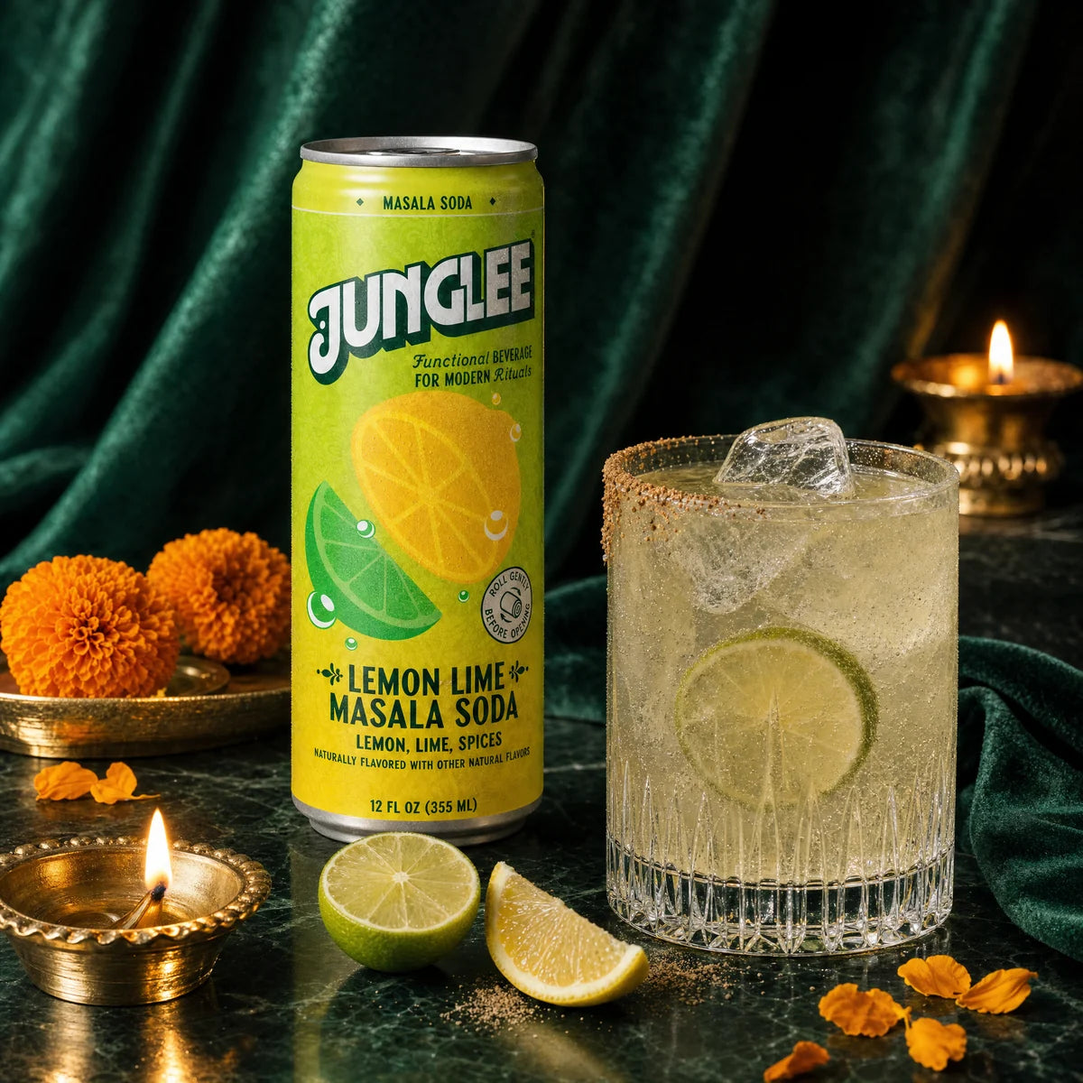 Lemon Lime Masala Soda with a pale sparkling drink, emerald velvet, marigolds and brass diyas
