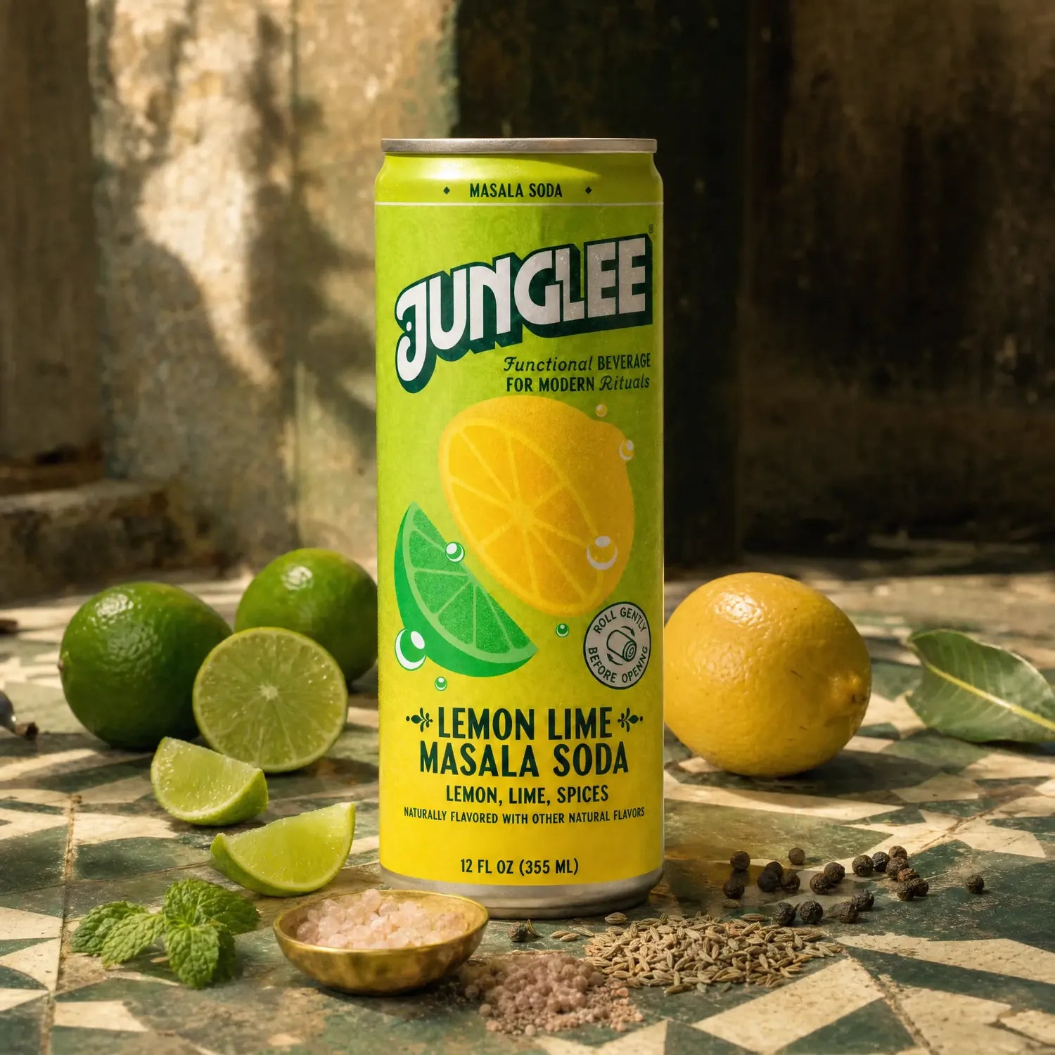 Lemon Lime Masala Soda 12 oz can with limes, lemon, mint and spices on green and cream tiles